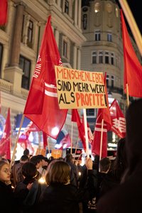 Fackelzug. Personen sind von hinten zu sehen. Eine Person hält ein Schild auf dem steht oben: Menschenleben sind mehr wert als Profite!