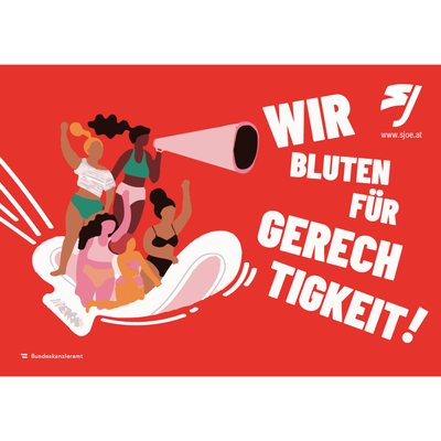 Sticker: Wir bluten für Gerechtigkeit! Fünf Frauen befinden sich auf einer fliegenden Binde, eine davon hält ein Megaphon.