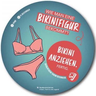 Sticker: Wie man eine Bikinifigur bekommt? -Bikini anziehen. Fertig. Ein rosa Bikini ist auf dem Sticker zu sehen.